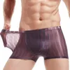 Cuecas sexy homens transparentes boxer briefs sheer malha bolsa listrada roupa interior lingerie shorts masculinos finos