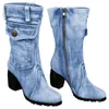 Laarzen Blauwe jeanslaarzen Dames Middelhoge Rome Solid Slip-On Chunky Med Hakken Laarzen wilde vintage Grote maat Damesschoenen 230901