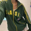 Estetik retro femstjärniga brasilianska gröna tröjor jacka emo retro skräp gotisk topp y2k europeisk och amerikansk blixtlåsbrev broderi casual päl