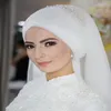 Véu de noiva muçulmano branco 2019, pérolas com miçangas, tule, casamento, hijab para noivas da arábia saudita, feito sob medida, comprimento da ponta do dedo, véu de noiva239r