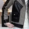 Men's Jackets High Quality Leather Stitching Jacket 2023 Autumn Winter Chibird Lattice Print Lapel Jacke Fashion Brand Motorcycle Coat Men 230901