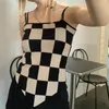 Mulheres Sweaters Tonngirls Gótico Irregular Camiseta Mulheres Malha Preto Pulôver Checkerboard Camis Regatas Y2K Duas Peças Estilo Coreano 230904