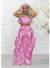 Kvinnors tvåbitar byxor Summer Outfits Clothes Streetwear Gold Silver 2 Pieces Set Women Outfit 2023 Strapless Crop Tops Baggy Ruched Suits