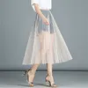 スカート女性セクシーなメッシュレース透明ロングチュールスカート韓国ファッション夏のレディースエラスティックハイウエストブラックホワイトビーチミディスカート230901