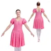 Stage Wear Fuchsia Black And More Colors Shiny Nylon/Lycra Puffy Sleeve Ballet Dance Leotard Dress All Sizes Available