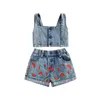 Vêtements Ensembles 1-6Y Enfants Filles Denim Tenues Bébé Vêtements D'été Enfants Boutons Sans Manches Débardeurs Pastèque Imprimé Pantalon Court