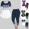 Calças femininas de duas peças floral impressão topos conjunto elegante 2 peças yoga outfit solto hem cintura alta leggings desportivo para streetwear feminino