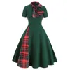 Themakostuum mode dames plaid patchwork bow kraag rits zipper korte mouw vintage kerst retro kantoorfeest midi jurk vestidos#g3 230904