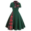 Theme Costume Fashion Women Plaid Patchwork Bow Collar Zipper Short Sleeve Vintage Christmas Costume Retro Office Party Midi Dress Vestidos#g3 230904