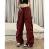 Spodnie damskie Capris czerwony ładunek kobiety retro odzież roboczą swobodne workowate proste spodnie mody szerokie kieszenie na nogi joggery y2k streetwear 230905