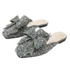 Hausschuhe Quadratische Zehe Paillette Perlen Mules Frauen Hausschuhe Sommerschuhe Frau Sandalen Flip Flops Perle Bling Glitter Slides Plus Größe 34-43 X0905