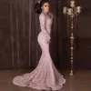 Élégant rose pleine dentelle sirène robes de soirée bouffées manches longues col haut arabe Dubaï robes de soirée formelles femmes bal occasion spéciale robe