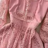 Vintage Palace Style Dress Temperament Lantern Sleeves Standing Neck Slim Mid length A-line Water Soluble Lace Dress