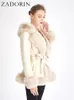 Womens Fur Faux Zadorin Winter Coat Women Furry Hood Suede Black With Belt Thick Warm Cardigan Jackets för 230904