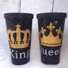 Tumblers Rhinestone King Queen Tumbler Handgemaakte gepersonaliseerde waterfles met rietje 500ml Aangepaste naam Bling Thermosflessen Cadeau voor haar T230905