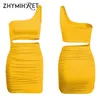 Basic Casual Jurken ZHYMIHRET Sexy Een Schouder Ruches Zomerjurk Voor Vrouwen Hol Taille Mini Jurk Party Bodycon Robe Femme Bandage vestido LST230904