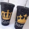 Tumblers Rhinestone King Queen Tumbler Handgemaakte gepersonaliseerde waterfles met rietje 500ml Aangepaste naam Bling Thermosflessen Cadeau voor haar T230905