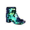 2023 New Women Sheepeske Patent Patent Leather Heels Chunky Boots Shoes Booties Square Tees Toes Laser Camouflage Half Knee Catwalk Glitter Zipper Zip Big Size 34-48