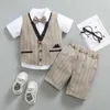 Down Coat Småbarn pojkar nackstil Little Gentleman Stripe Party Wedding Suit Front Shirt Shorts Vest Jacket R230905