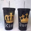 Bicchieri Strass King Queen Tumbler Bottiglia d'acqua personalizzata fatta a mano con cannuccia 500ml Nome personalizzato Bling Thermos Bottiglie Regalo per lei T230905