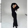 Basic Casual Dresses Autumn Sexy Open Back Slim Fit Woolen Woven Dress Comfortable High Waist Lace Up Flare Sleeves Black 230904