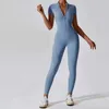 Nuevo vestido de yoga de una pieza de manga corta para mujer con sensación desnuda y media cremallera con cuello levantado deportivo de color sólido