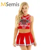Cheerleading Womens Cheerleader Cosplay Costume Set Pentagram Back Crop Top med mini veckad kjol Charmig skolflicka Cheerleading Uniform 230904