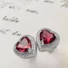 Pendientes MOONROCY de Color plateado con circonita cúbica, corazón de cristal rojo para mujeres y niñas, joyería al por mayor