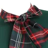 Costume Theme Costume Fashion Women Plaid Patchwork Bow Collar Zipper Short Sleeve Vintage Christmas Costume Retro Office Party Midi Dress