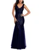 Long Sweety Sexy Mermaid Formal Evening Dresses Prom Party Gowns Sequined Deep V-Neck Tulle Plus Size E04