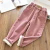 Jeans Girls 'Autumn Winter Pants Corduroy Plush Warm Casual Pants Children's Loose Elastic Striped Velvet Pants1-7Y 230904