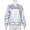 レディースフーディーズスウェットシャツ銀メタリックPUスウェットシャツ女性用長袖グランジシャイニートップ