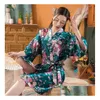 Vêtements de nuit pour femmes Imprimer Floral Womens Satin Robe Sexy Lounge Peignoir Chemise de nuit Vintage Kimono Yukata Demoiselle d'honneur Robe de mariée Go Dhufm