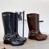Harness Kemer Tokalı Cowhide Deri Biker Diz Botlar tıknaz Topuk Zip Şövalye Botlar Moda Kare Ayak Bilgi Kadınlar İçin Lüks Tasarımcı Ayakkabı