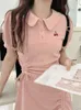 Pink Japanese Kawaii Sweet Mini Dres College Style Ruched Polo Dress Female Korean Casual Short Sleeve Summer 230808