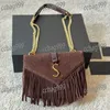 Luxury Suede Tassel Bag in Textured Leather Abrasive Gold Hardware Handle Tote Designer Wallet Shoulder Crossbody Envelope Bags Womens Coin Purses with Chain 25cm