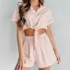 Survêtements pour femmes Pink Fashion 2 pièces Ensembles Femme Blouse Outfit 2023 Shorts Vêtements d'été Chemise à carreaux rayée Taille haute Ensemble à manches courtes