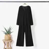 Women's Two Piece Pants 2Pcs/Set Outfits Spring Autumn Women Pockets Casual Outfit V-neck Long Sleeve Tops Elastic Waistband Wide Leg Set
