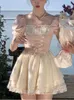 Summer Pink Sweet Kawaii Dres Puff Sleeve France Vintage Party Mini Dress Lace Korean Elegant One Piece Female 230808