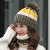 Beanie/Skull Caps Brand Winter Hats Women Thick Knit Warm Beanies Hat Bib Female Windproof Cycling Wool Stitching knitting Hedging Caps Sets 2 230905