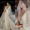 Lśniący A Line Light Gold Wedding Suknianta długie rękawy V Cequinia cekinowe suknie ślubne bez pleców Vestido de novia227n