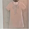 2023 Summer Pink Solid Color Dress Short Sleeve Round Neck RhinestoneKnee-Length Casual Dresses S3S01M093