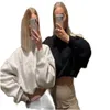 Kadın Hoodies Sweatshirts Moda Kore Versiyonu Kadın Pamuk Yüksek Boyun Mektup Nakış Dew Göbek Spor Stili Kısa Gevşek Blackwhite 230904