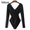 Isiksus noir été Sexy body femmes à manches longues dos nu blanc col en V combinaisons courtes ouvert entrejambe body pour les femmes JS027 230904