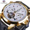 Forsining Automatic Mechanical Men's Watch Fashion Golden Tourbillon Moonphase Date Genuine Leather Business Sports Montre Ho259k