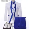 White Royal Blue Rim Stage Clothing for Men Suit Set Mens Wedding Suits Costume Groom Tuxedo Formal Jacket Pants Vest Tie308g
