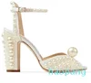 Summer Dress Wedding Shoes Pearlembellished Satin Platform Sandaler Elegant kvinnor Vita brudpärlor Höga klackar damer