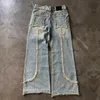 Mäns jeans high street amerikansk vintage tvätt gjorde gamla manschetterade kattskägg jeans män y2k goth punk baggy brett ben rak 230904