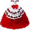 Meksykańskie czerwone sukienki Quinceanera organza Ruffles suknia balowa duża łuk PROM XV PARA DOTROBIN PRYTYKA SUKIENKA CORSET DEBUTANTES DEBUTANTES