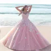Dubai Arabska księżniczka 3D kwiat kwiatowy różowy sukienki ślubne 2020 Tiul tiulowy Sheer Szyja bez rękawów koronka długa Brida328b